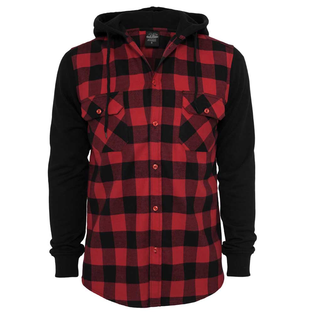 Urban Classics - Hooded Checked Flanell Sweat Sleeve Chemisier - Noir/Rouge